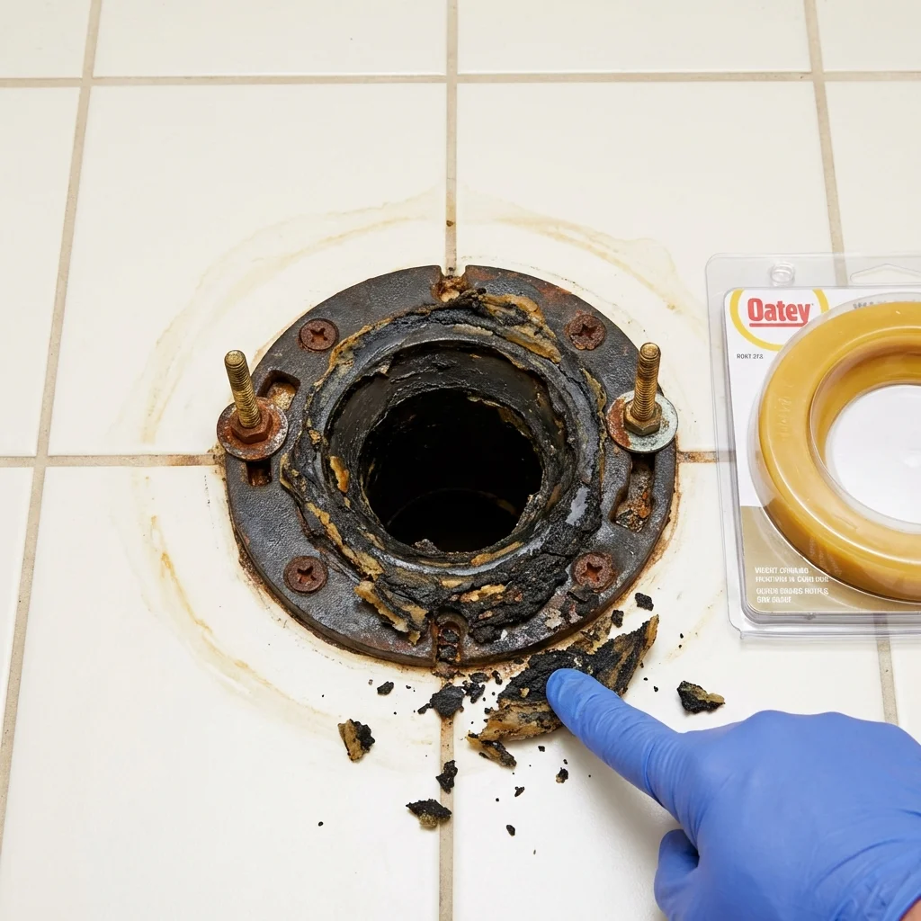 Failed wax ring showing water seepage at the base of a toilet in a Wadsworth, IL home